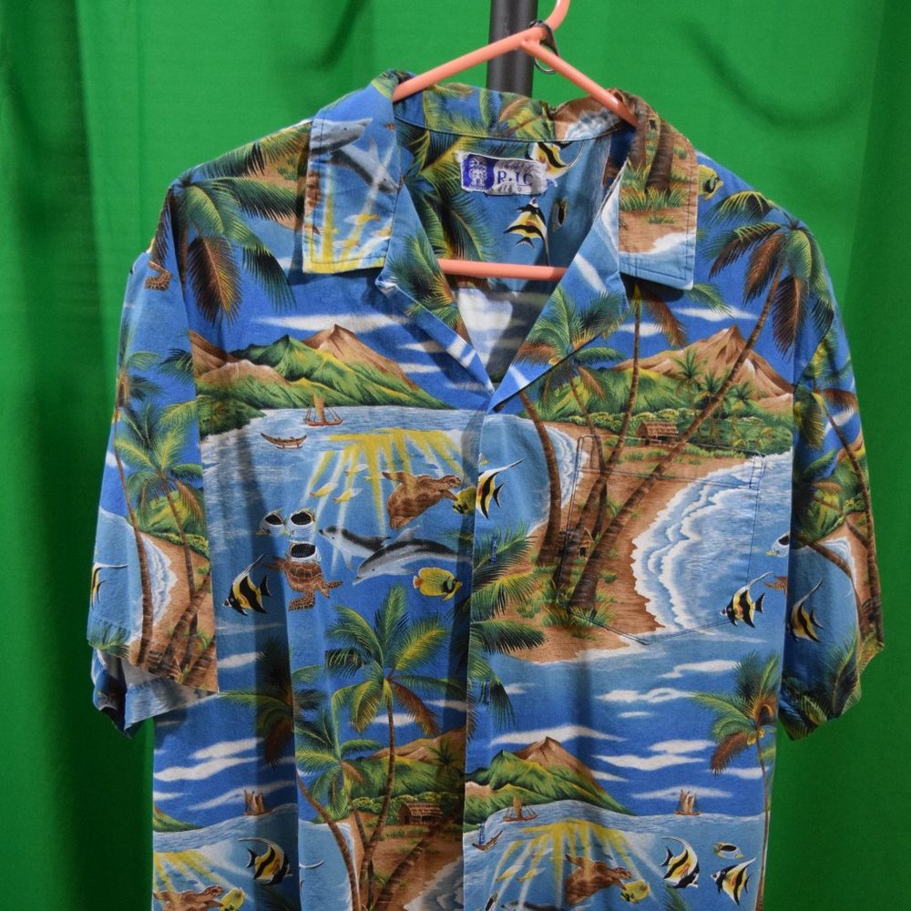 RJC Hawaiian Shirt Blue Ocean Fish Islands XL